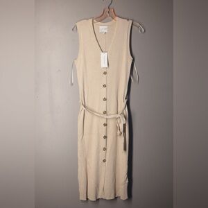 Pink Rose Button Down Sweater Dress Sz L Beige Tie Belt Boho Soft Girl Gen Z